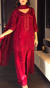 Shine Red Color Embroidery Work Salwar Suit With Dupatta